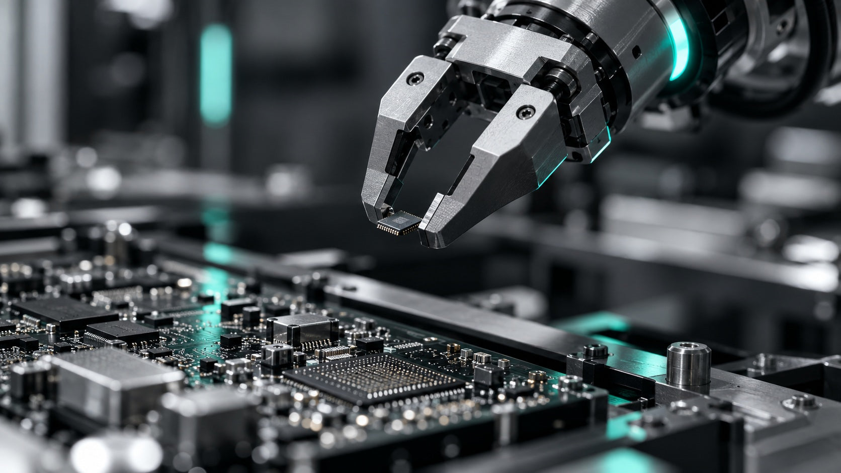 Precision robotic gripper placing a circuit component