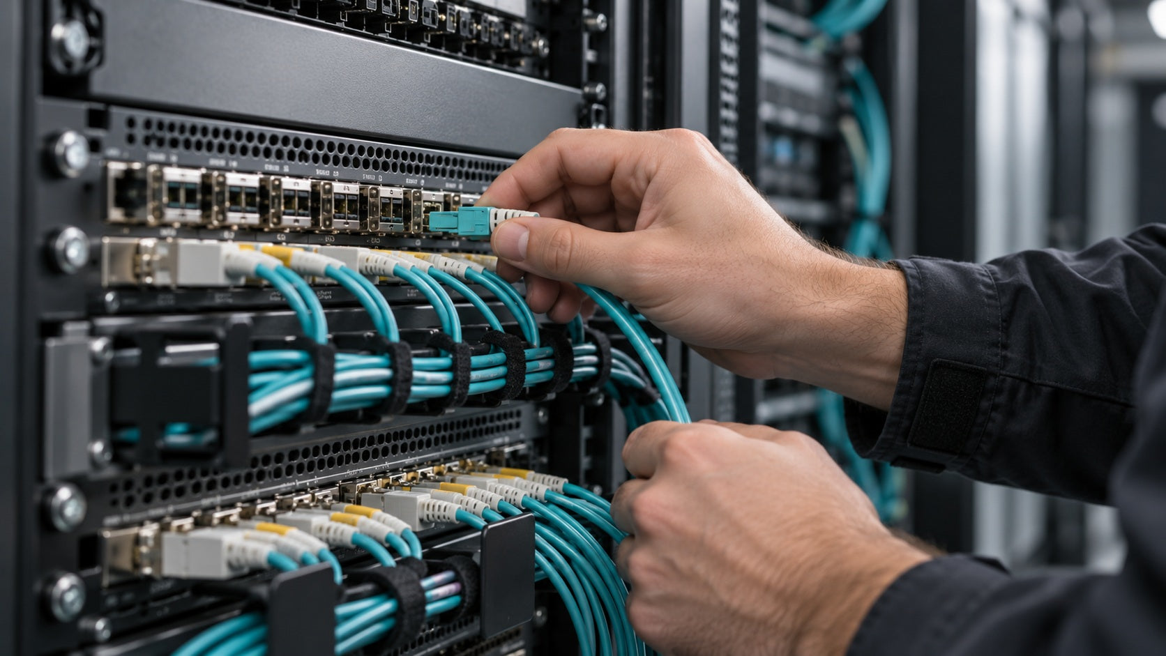 Technician connecting server network cabling
