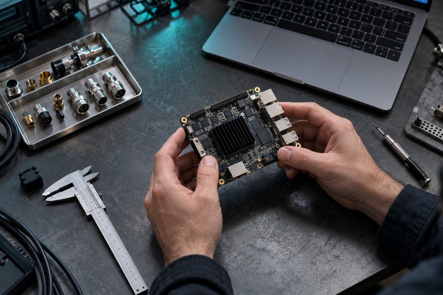 Engineer examining a custom compute board