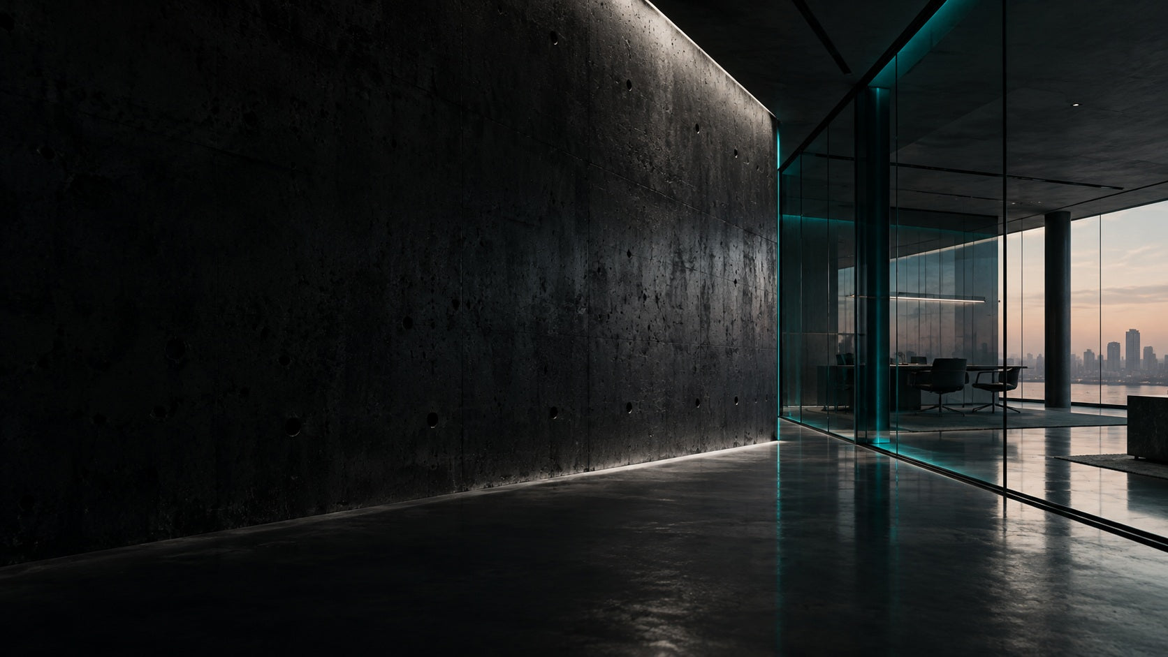 Dark concrete architecture and smoked glass