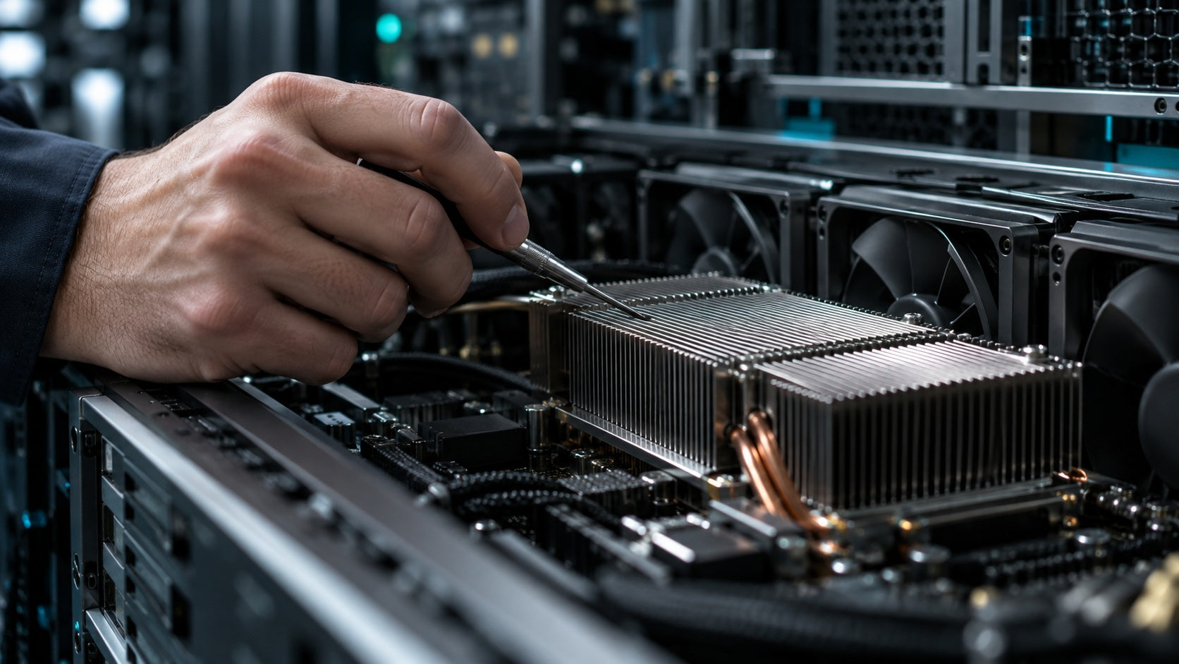 Technician inspecting server cooling equipment